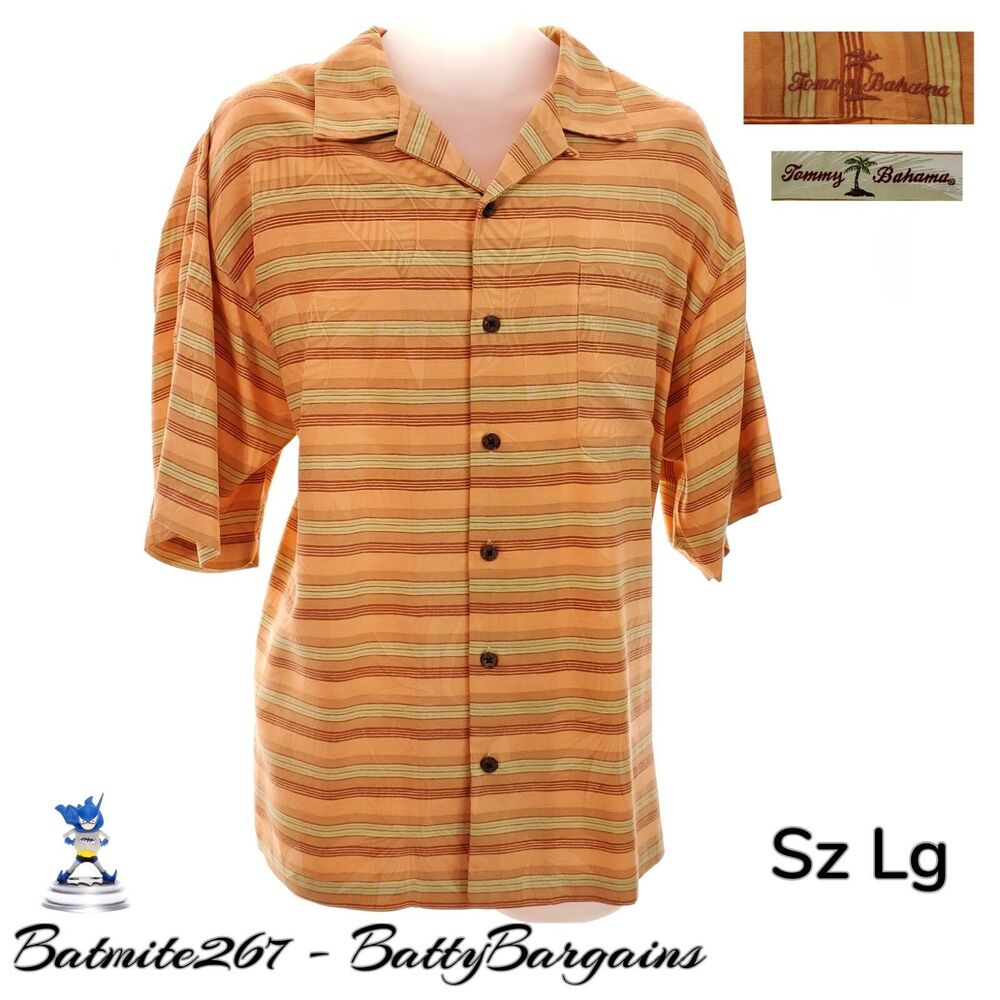 Tommy Bahama 100% SILK Mens L Orange Stripe Pocket L/S Button Up Shirt FREE SHIP